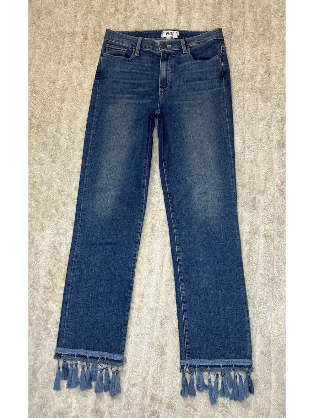 Paige Jacqueline Straight medium wash fringe tassel hem denim jeans Size 29 boho